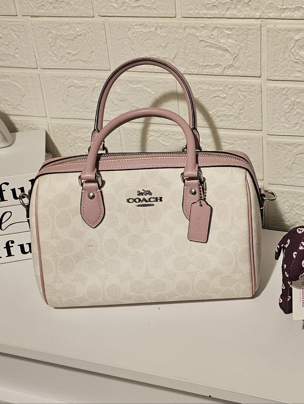 Coach Cream Canvas Dome Satchel with Pink Trim
